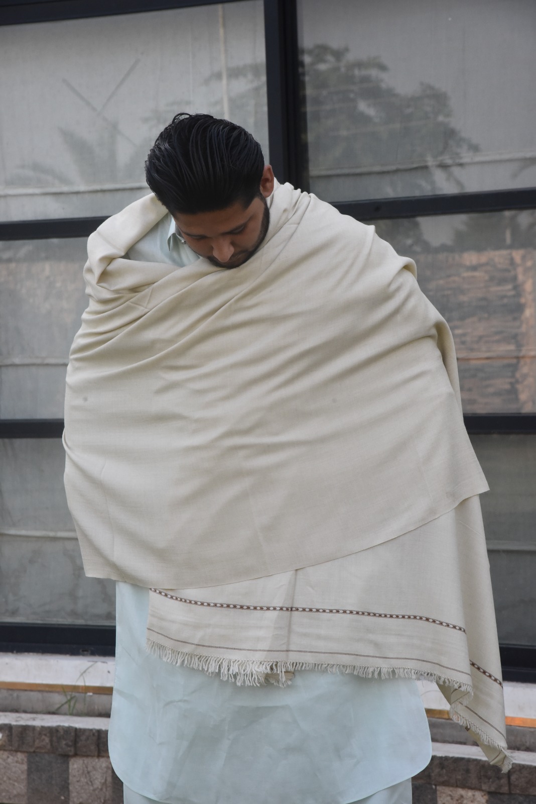 Premium Ivory Cream Men's Traditional Shawl with Brown Patterned Border